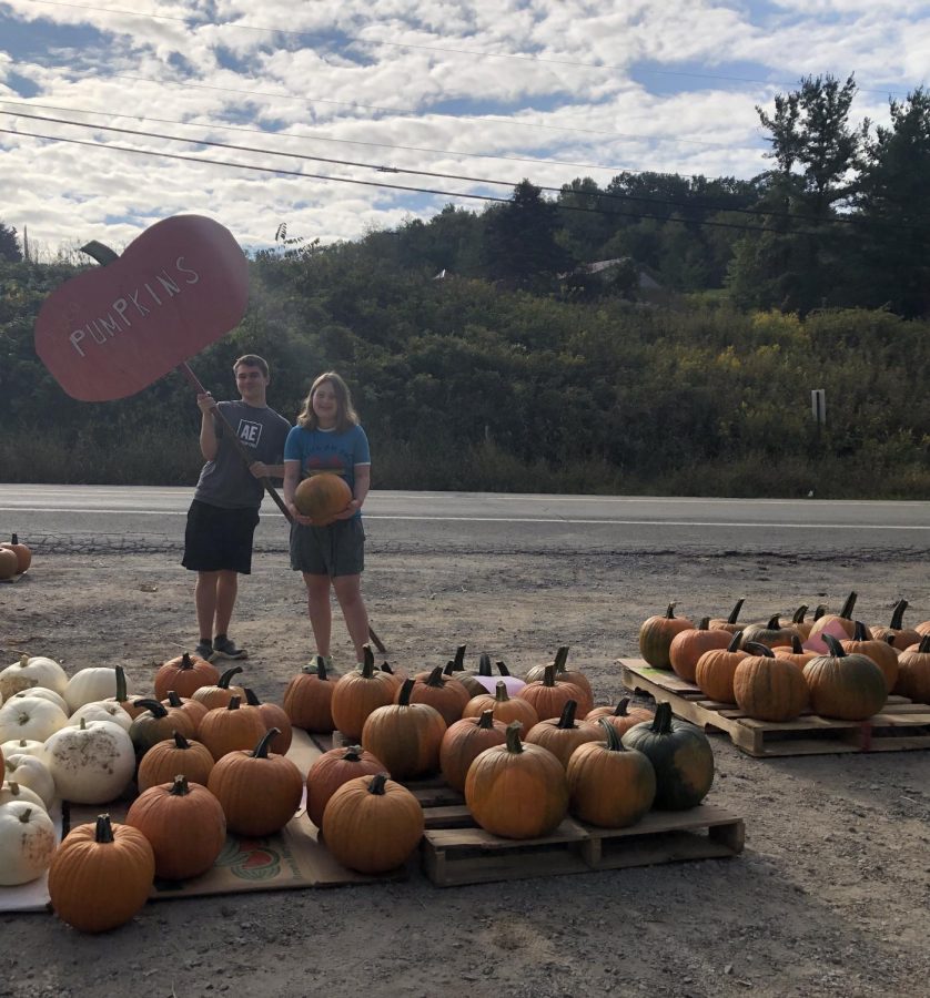 Zach and Sarah Losko stand proudly in front of their pumpkins, with their homemade signs, during a successful day of pumpkin selling.