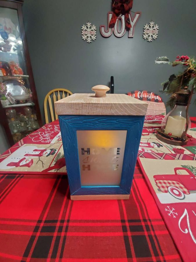 This creative gift is a lamp made from picture frames and glass that was etched to show a design. Great job, Joey!