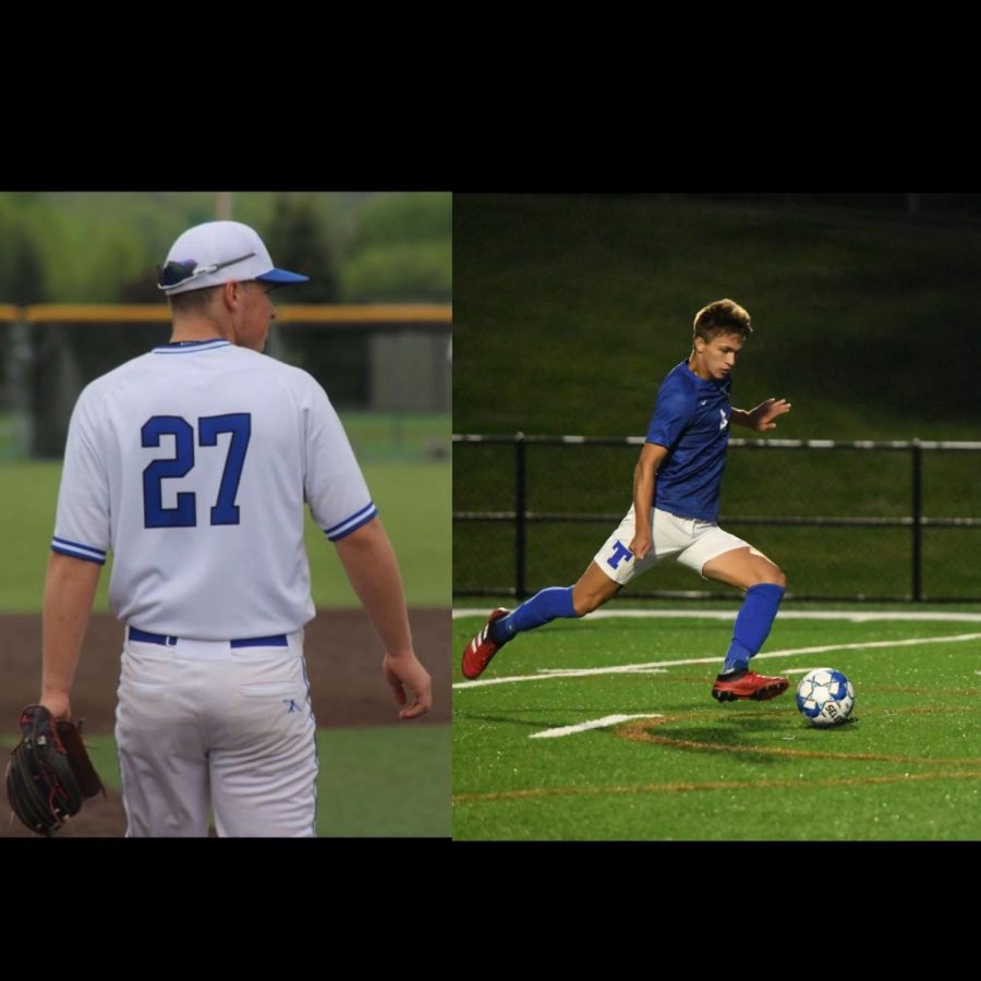 Brandon Robaugh (left) takes the field for a baseball game. Elijah Cincinnati (right) goes in for a shot on the goal.