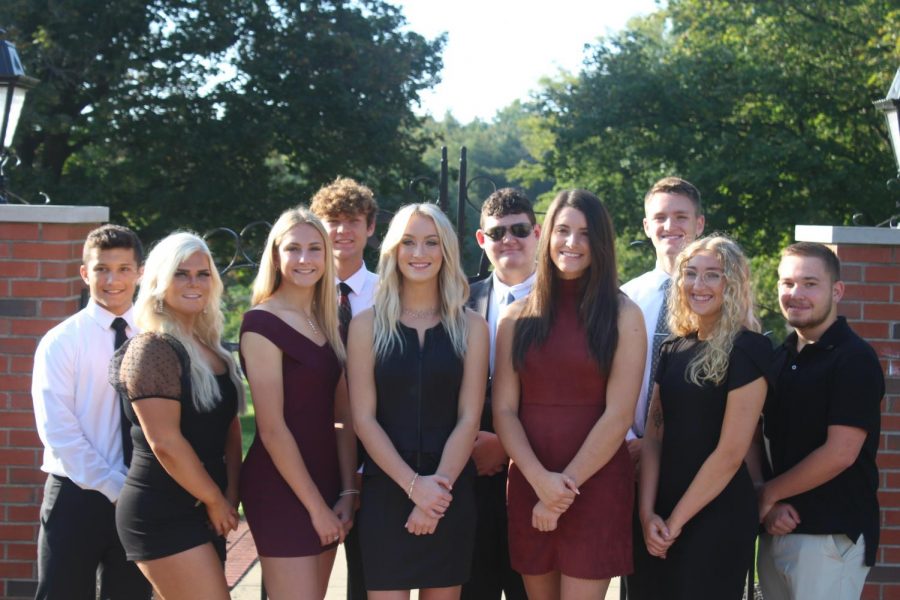 Members of the Senior Homecoming Court pose for a picture. Front row: Hunter Strickland, Balie Beck, Alyssa Clutter, Kacie Gallardo, Jacqueline Hancher, Camryn McClellan and Nathan Blinco. 
Back Row: Connor Roberts, Dominic Falvo and Kyle Fetcho.