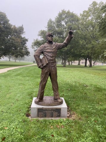 The Hiller Cadet statue on the front lawn where the Trinity High School meets the Trinity Hall.