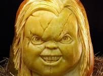 An amazing portrait of Chucky was carved into this pumpkin. 