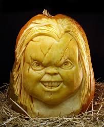 An amazing portrait of Chucky was carved into this pumpkin. 