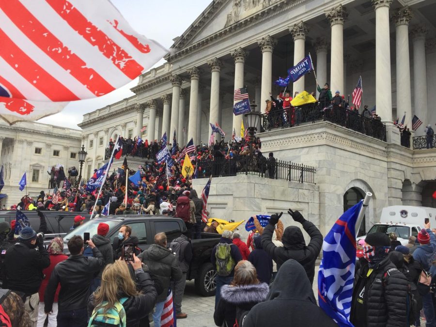Members of the crowd that ultimately broke into the Capitol building surge towards it in the early afternoon of January 6, 2021. 