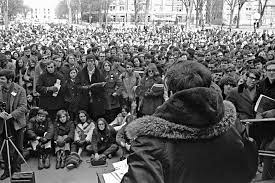 On the first Earth Day on April 22, 1970, youth held a vital role. Over 1,500 campuses, including the University of Michigan School for Environment and Sustainability shown in the photograph, participated through rallies and forums.
