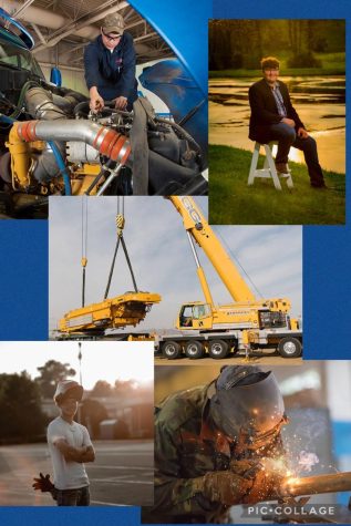  These images display some of the future careers of these students including welding, crane operator, and mechanics. 
