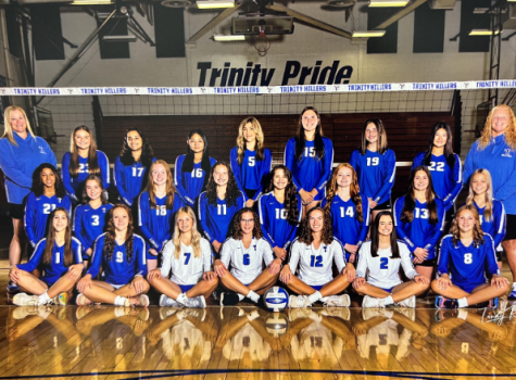 The Trinity girls’ volleyball team is pictured here alongside their head coach, Mrs. Helmkamp and assistant coach, Ms. Belleville. The girls have been doing great this year, and Trinity is excited to see how amazing they do the rest of the season.