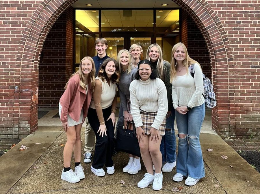 Speech and Debate students pose outside of Kiski Prep after a successful competition.  Pictured are Lauren Bliss, Dakota Lloyd, Leah Ross, Maria Giorgi, Noah Davis, Cadence Wright, Natalie Ewbank and Avery OSullivan. 