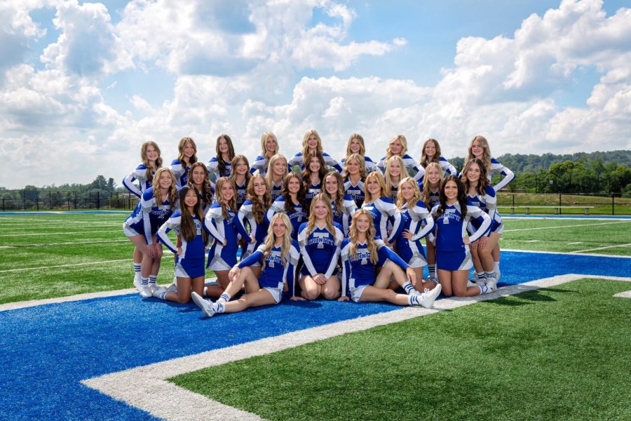 Trinity cheerleaders pose for their annual yearbook picture. Pictured in the front row are seniors, then juniors followed by sophomores, and in the final row are the freshmen. 