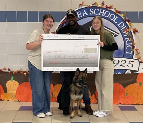 Emily and Ashleigh Tuite present President Omar Brooks with the money they raised for his organization, PA VetPets! The total amount across all grades was $1,026.53. Trinity students should be proud of their efforts!