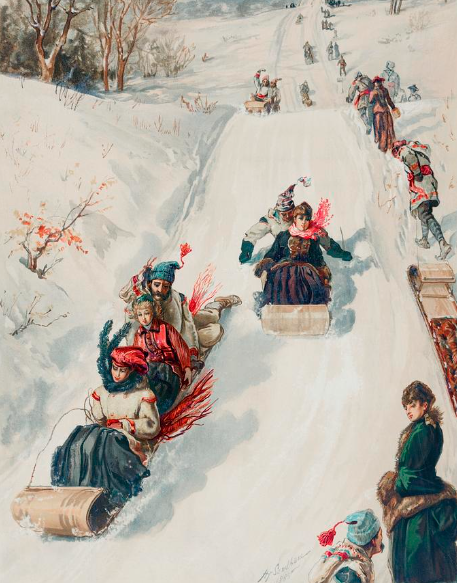 Pictured is an illustration of people enjoying sled riding all the way back in 1886, soon after the first toboggan was invented. Sled riding has always brought people together to have a fun and festive time amid the cold winter months.  