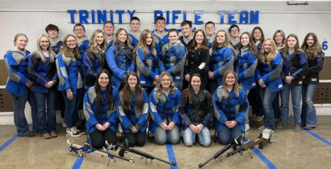 The Trinity rifle team at one of their last practices in the middle school this season. In the front row as always are the seniors on the team Julia Luzar, Hannah Winkelman, Parker Miller, Miranda Reinhart, and Lily McMahon. Awesome season, guys!