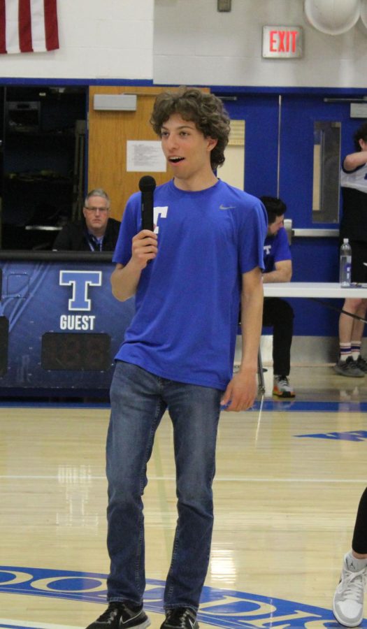 Tommy Wickham, Co-Captain of the boys’ tennis team, speaks at the spring sports pep assembly.