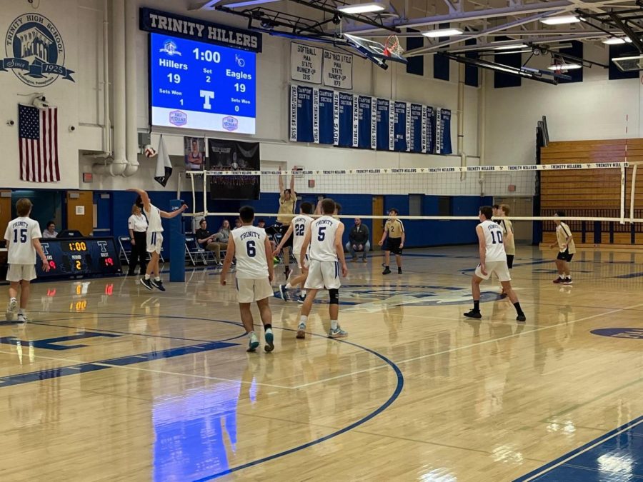 Co-captain, Tucker Proudfit prepares to spike the ball, helping the boys to win their match against Keystone Oaks. Trinity family is cheering on the volleyball team as they continue through their season! Good luck boys!