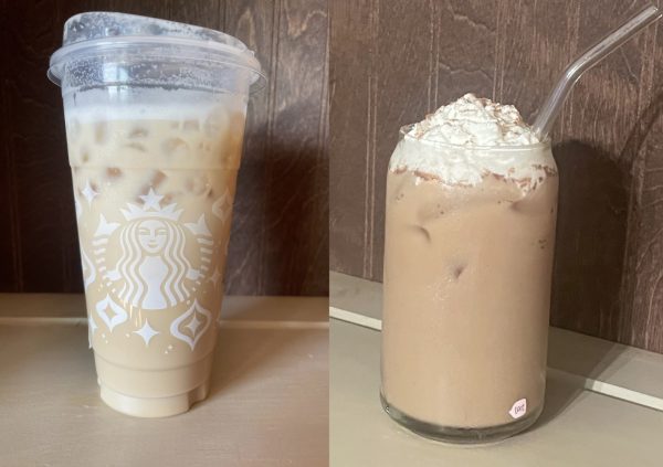 Starbucks’ Iced Gingerbread Oatmilk Chai (L) is an amazing drink choice for the holiday vibes, but making it at home (R) saves $3.02 and tastes just as good!
