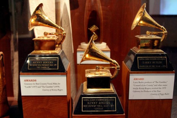Pictured are three Gramophone trophies awarded to Kenny Rogers and Larry Butler in the 1970s. They are located in the Country Music Hall of Fame and Museum.
