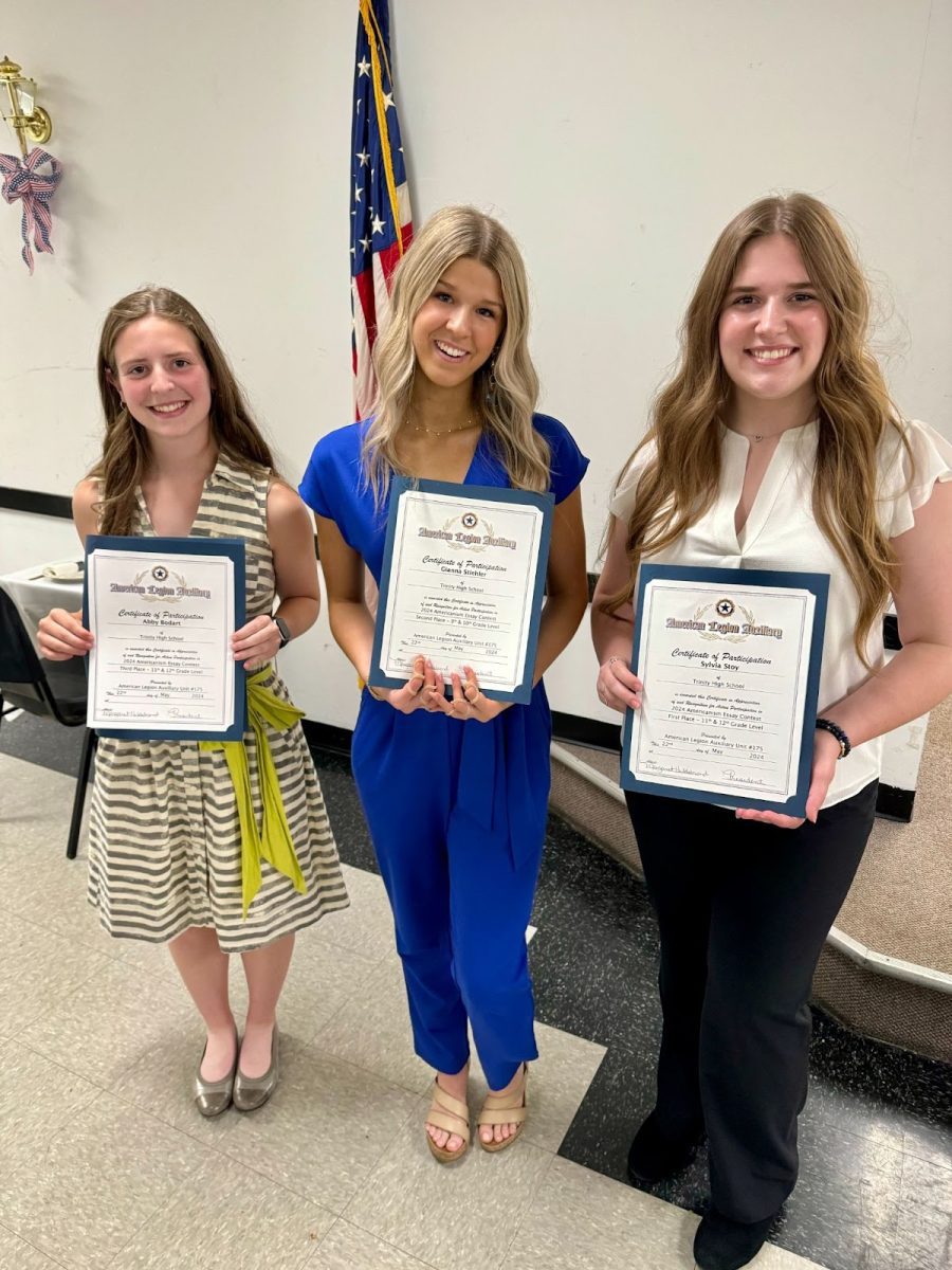 Pictured are the winners of the 2024 Americanism Essay Contest sponsored by the American Legion Post 175: Abby Bodart (3rd place), Gianna Stiehler (2nd place) and Sylvia Stoy (1st place). Not pictured is Cadi Wright, who not only placed first in her category but also placed at the district level.
