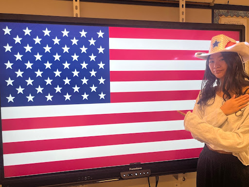 This photo captures senior Angela Pan standing patriotically. 