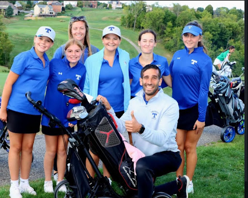 Pictured above are Saylor Kitsko, Taylor Farabee, Grace 
Coyle, and Amelia Veltri after a match at Hickory Heights,
 Mr. Poletti and Mrs. McCarthy pose with the varsity
girls' golf team. These girls have been working hard all season! 