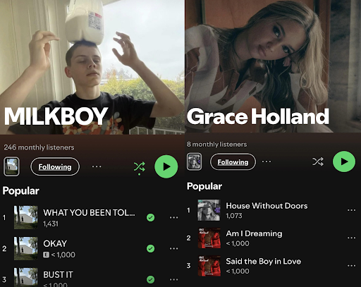 Artists MILKBOY and Grace Holland can be found on all streaming platforms and various social media sites. On these platforms, their top songs and monthly listeners are listed. Fans can show their support by following and streaming their music.