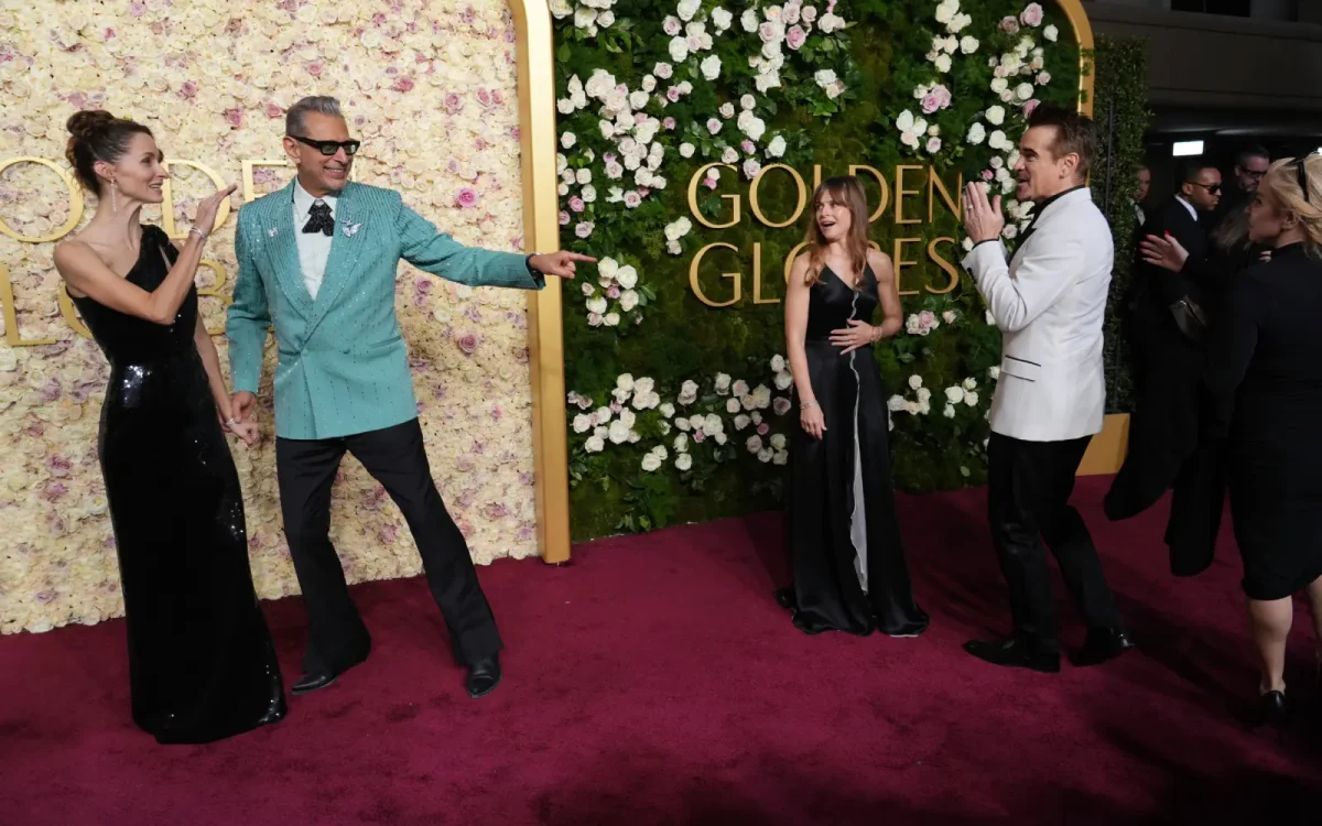 Winners Jeff Goldblum and Colin Farrell conversate on the 2024 Golden Globes carpet. Farrell won “Best Performance by a Male Actor in a Limited Series, Anthology Series, or a Motion Picture Made for Television” for “The Penguin” and Goldbum and the cast of “Wicked” won “Cinematic and Box Office Achievement.” 
