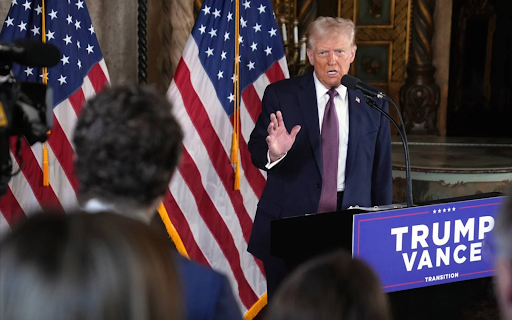 President Trump speaks with the press before election results confirming he will be the 2nd president in U.S. history to serve in separate terms. Trump continues to sign more orders on major national issues like southern border invasions, climate change, and the economy. 