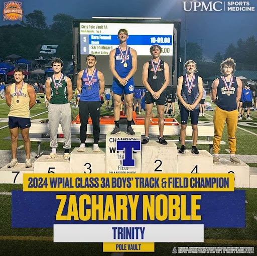 Zachary Noble poses on the podium after winning a first-place finish in the 2024 WPIAL Class
 3A boys’ Track and Field Championship.
