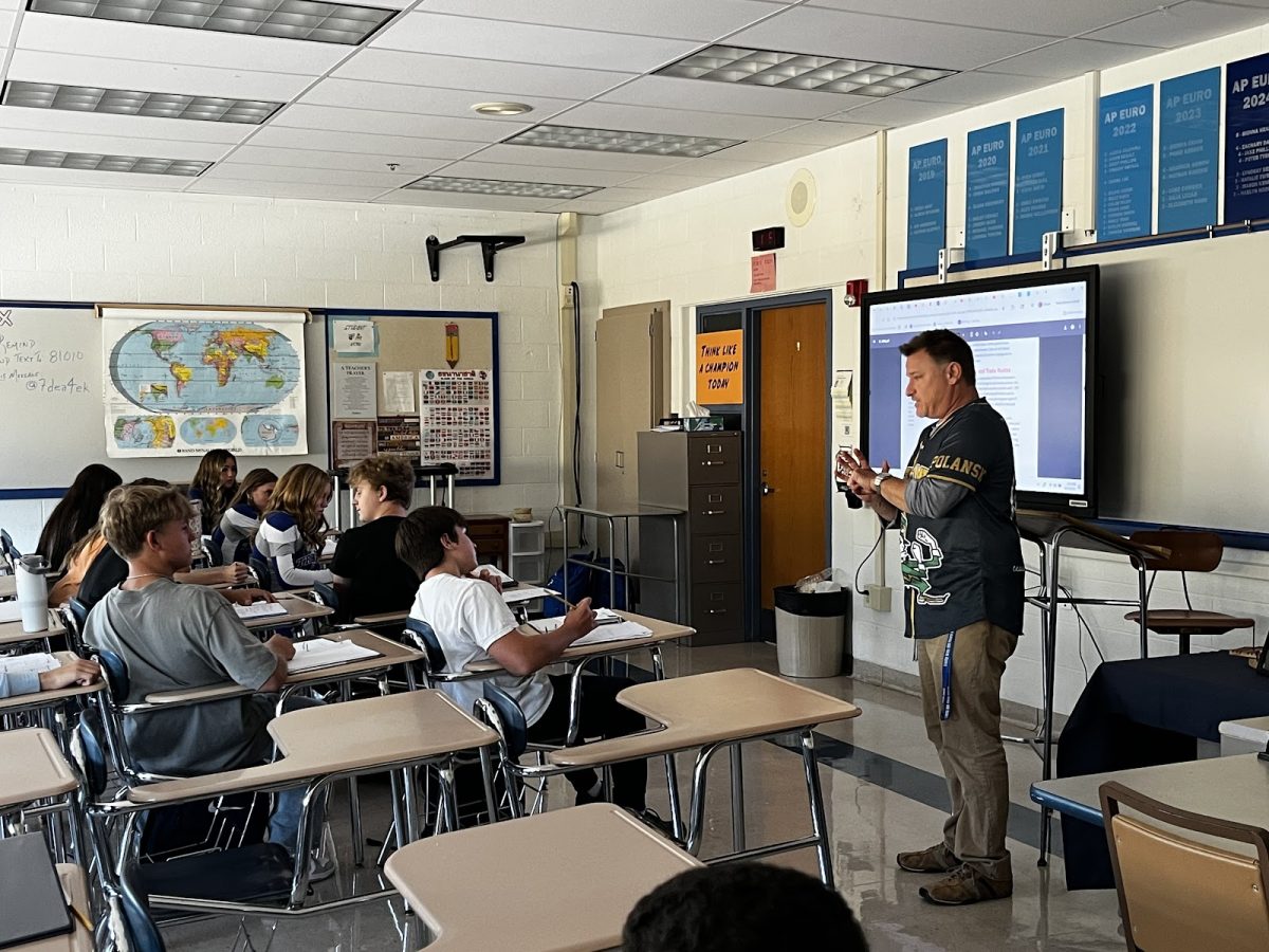 Mr. Polansky, the Honors World History, AP Euro, and Sociology teacher at Trinity High School, educates his seventh period Honors World History students about the five pillars of Islam. 