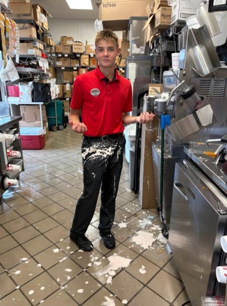 Sophomore and Chick-Fil-A team member Gino Lesako balances his school and work life by working after the school day and on Saturdays. Even though he is able to keep his workload stable, it can still get pretty messy! 