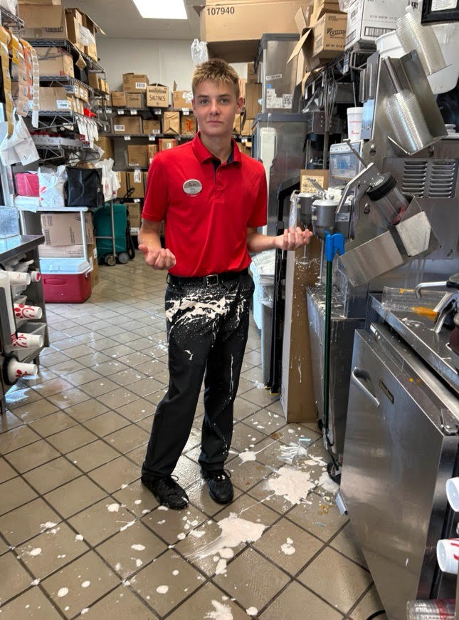 Sophomore and Chick-Fil-A team member Gino Lesako balances his school and work life by working after the school day and on Saturdays. Even though he is able to keep his workload stable, it can still get pretty messy! 