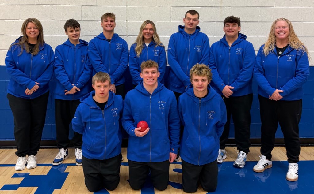Pictured left to right: Giorgi, Dominic Sacrapanti, Ben Priest, Ella Ward,  Jackson Knight, Derek Falvo, Mrs. Belleville, Kody Kress, David Gill and Shepphard
The Unified Bocce team is poses for this year's team photo, ready to take on any competition coming their way. Photo courtesy of Olympus 
