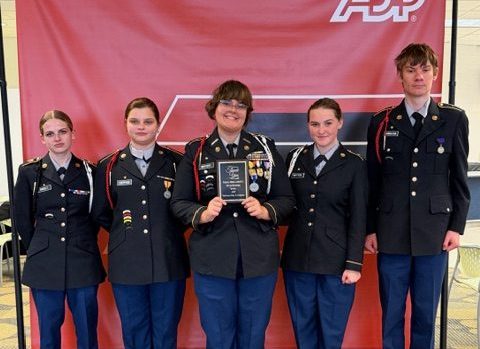 Trinity JROTC members pose for a photo. From left, Haili Knisely, Emily Sheppard, Emalee Megyesy, Myka Watters and Mason Barbacow